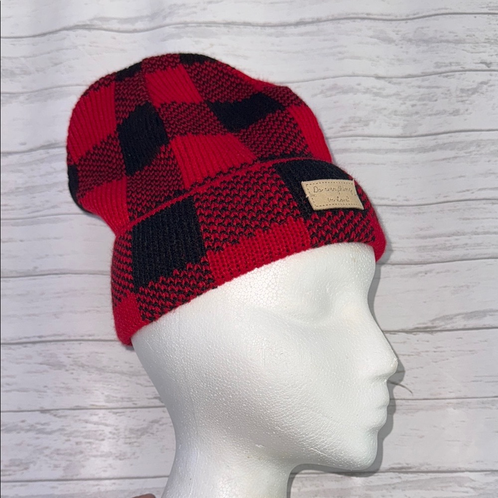 Red and Black Plaid Knit Beanie - Cozy Winter Hat “Do Everything With Love”